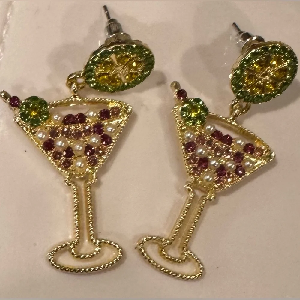 GLAM MARTINI RHINESTONE STATEMENT EARRINGS NWOT